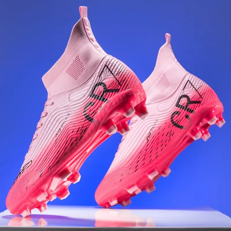 Soccer Cleats, High Top Athletic Shoes, Professional Training Spikes, Pink, Non-Slip Rubber Sole