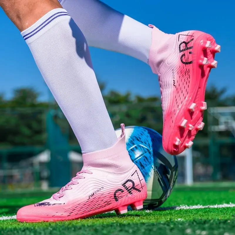 Soccer Cleats, High Top Athletic Shoes, Professional Training Spikes, Pink, Non-Slip Rubber Sole