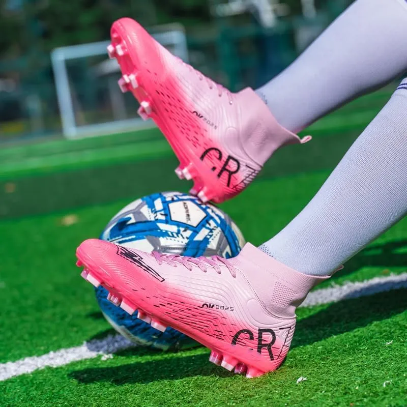 Soccer Cleats, High Top Athletic Shoes, Professional Training Spikes, Pink, Non-Slip Rubber Sole