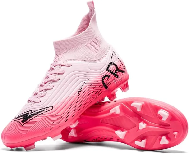 Soccer Cleats, High Top Athletic Shoes, Professional Training Spikes, Pink, Non-Slip Rubber Sole