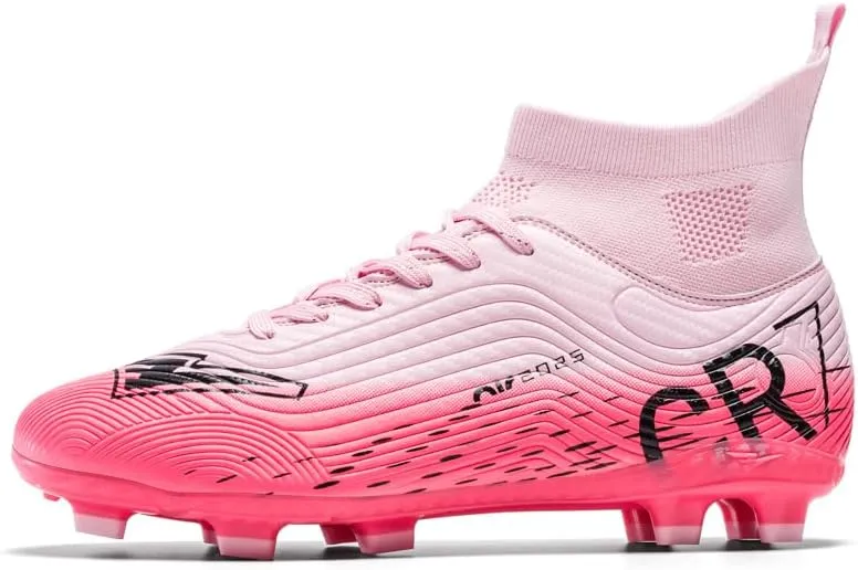 Soccer Cleats, High Top Athletic Shoes, Professional Training Spikes, Pink, Non-Slip Rubber Sole