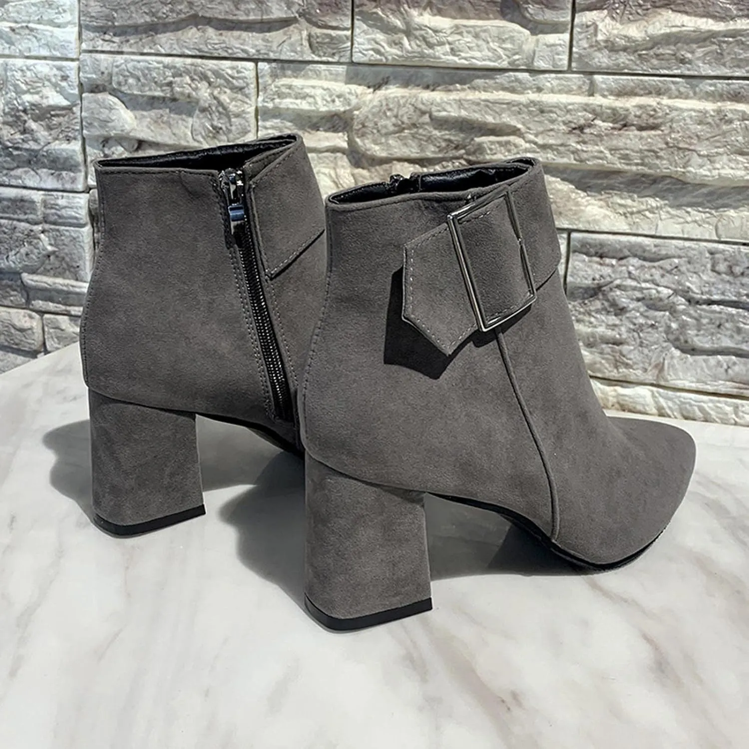 Suede Ankle Boots for Women Chunky Heel Pointed Toe Belt Buckle Side Zipper Block High Heels Booties Fall Winter Dressy Casual Comfy Ladies Shoes