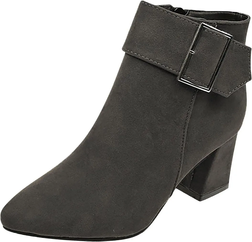 Suede Ankle Boots for Women Chunky Heel Pointed Toe Belt Buckle Side Zipper Block High Heels Booties Fall Winter Dressy Casual Comfy Ladies Shoes
