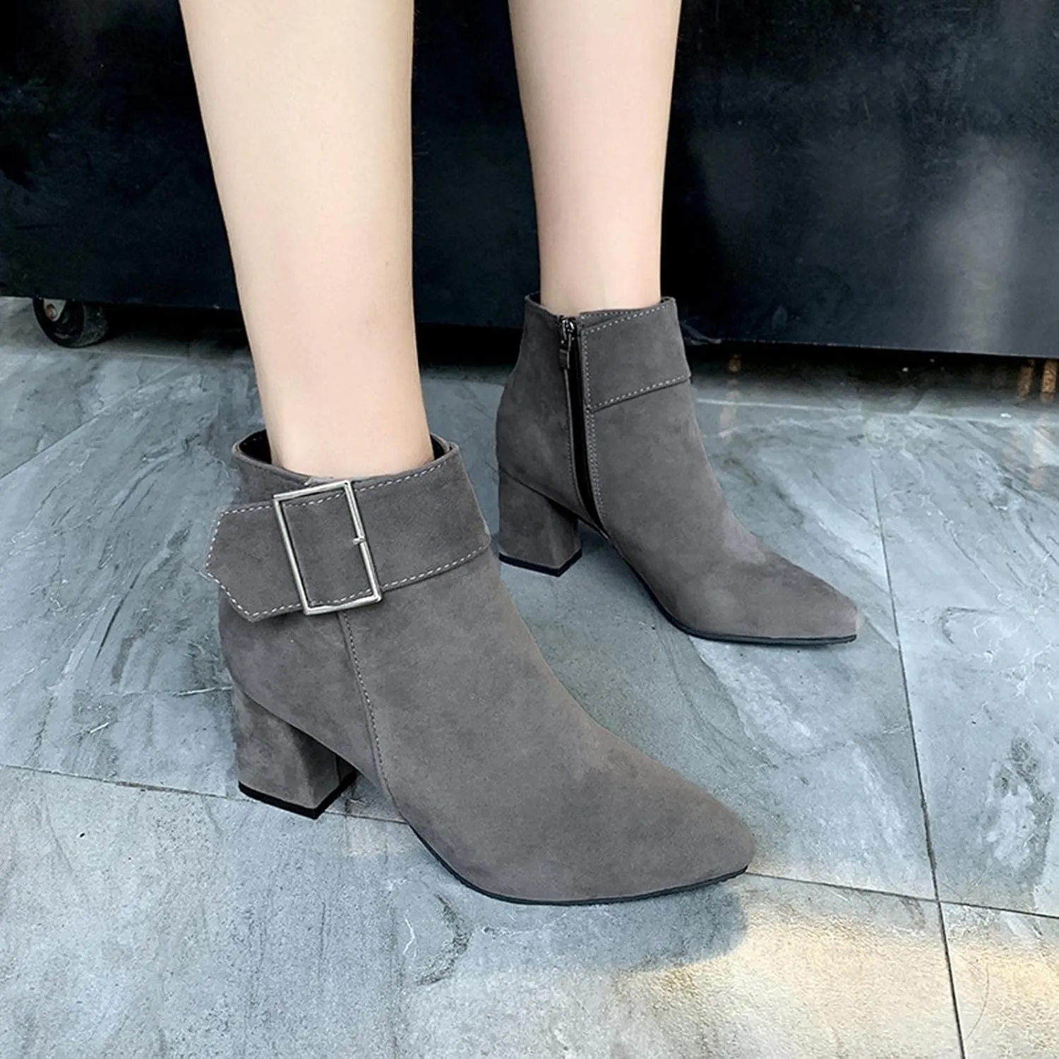 Suede Ankle Boots for Women Chunky Heel Pointed Toe Belt Buckle Side Zipper Block High Heels Booties Fall Winter Dressy Casual Comfy Ladies Shoes