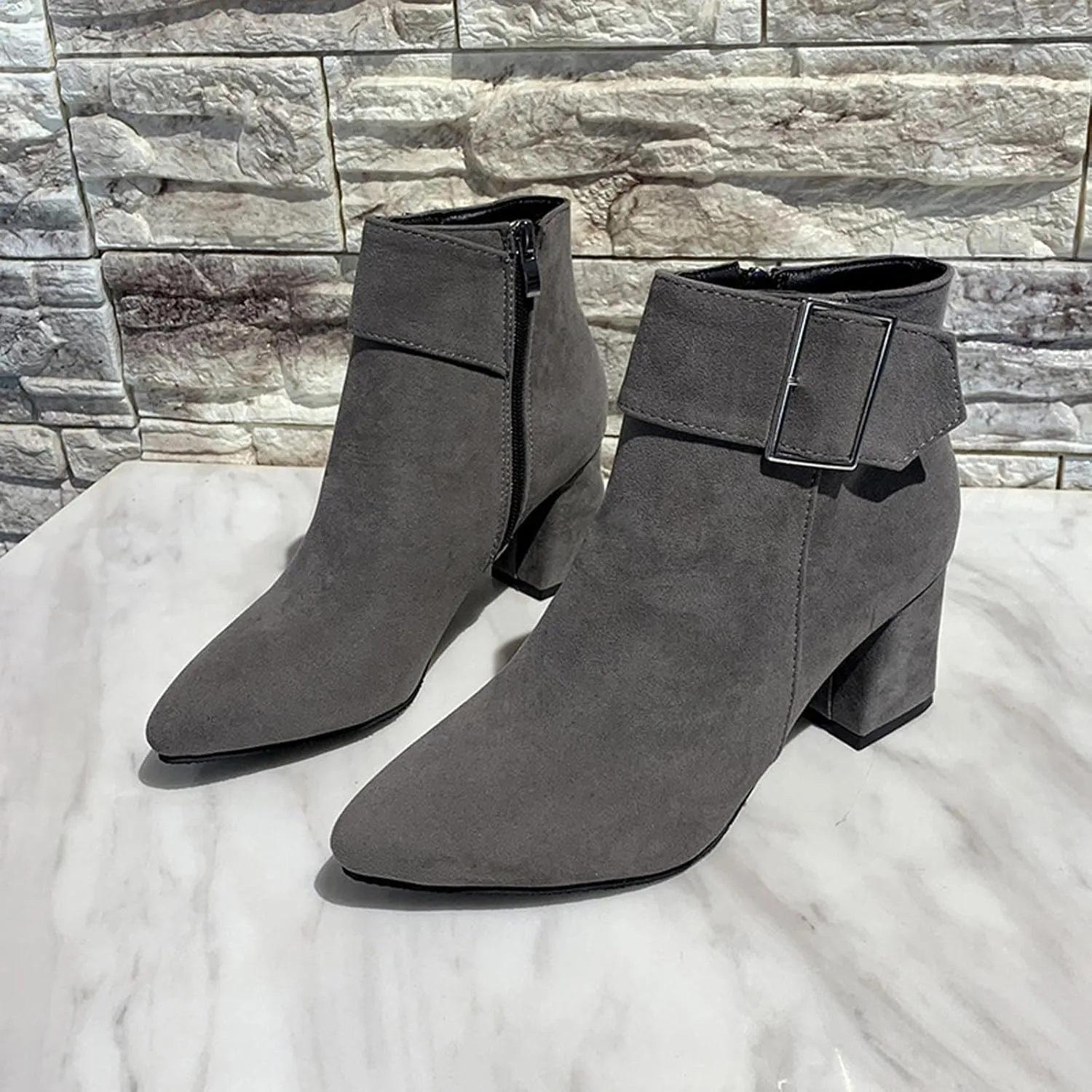 Suede Ankle Boots for Women Chunky Heel Pointed Toe Belt Buckle Side Zipper Block High Heels Booties Fall Winter Dressy Casual Comfy Ladies Shoes