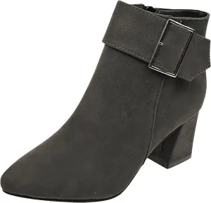 Suede Ankle Boots for Women Chunky Heel Pointed Toe Belt Buckle Side Zipper Block High Heels Booties Fall Winter Dressy Casual Comfy Ladies Shoes