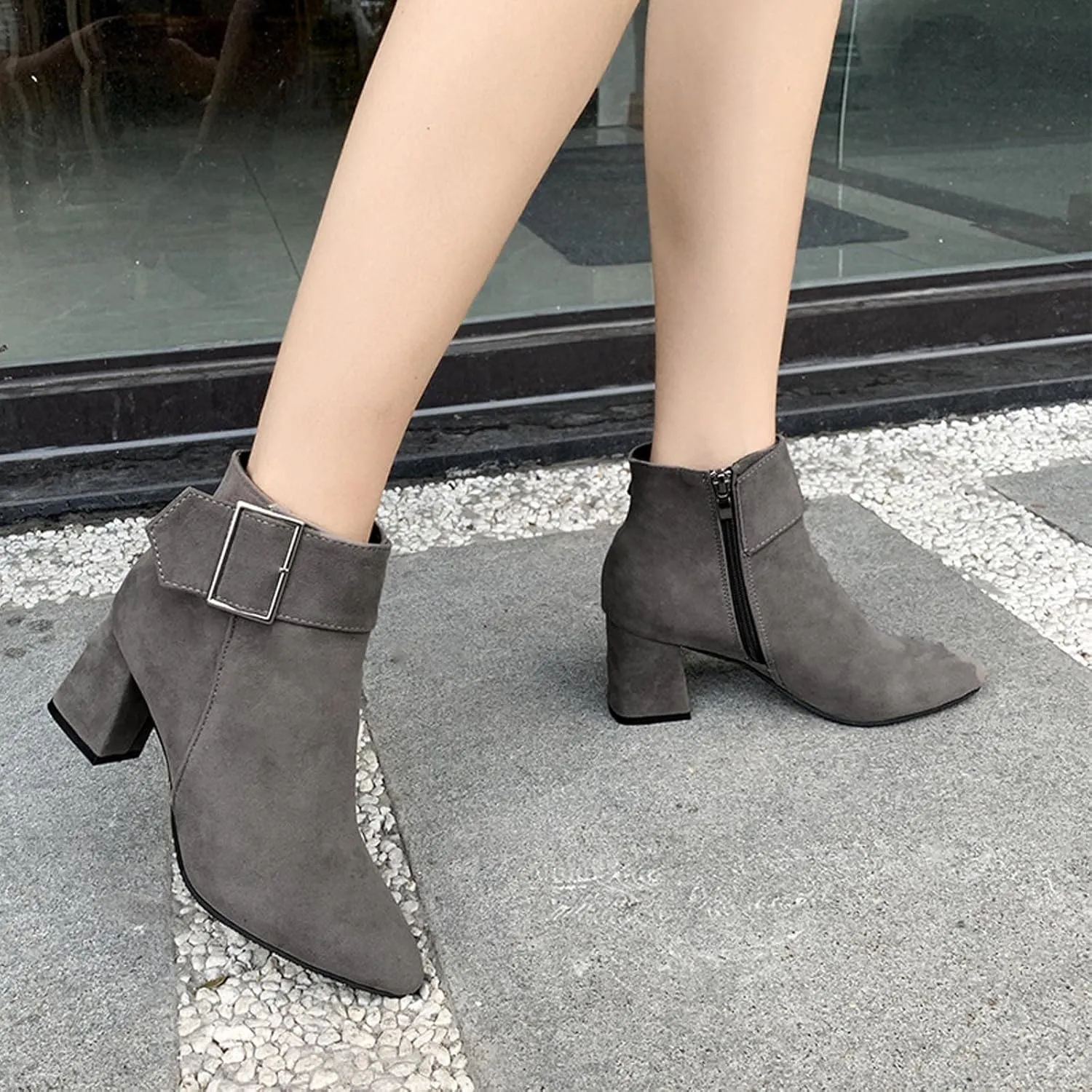 Suede Ankle Boots for Women Chunky Heel Pointed Toe Belt Buckle Side Zipper Block High Heels Booties Fall Winter Dressy Casual Comfy Ladies Shoes