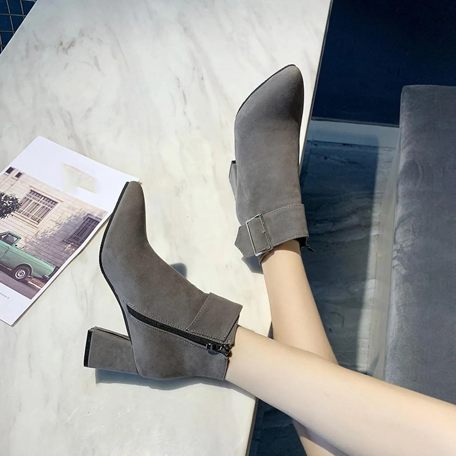Suede Ankle Boots for Women Chunky Heel Pointed Toe Belt Buckle Side Zipper Block High Heels Booties Fall Winter Dressy Casual Comfy Ladies Shoes