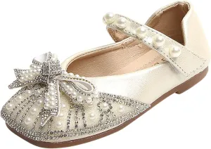 Toddler Dress Shoes,Fashion Girls Casual Shoes Shiny Pearl Rhinestone Bow Dress Shoes Dance Shoes 1-11 Years