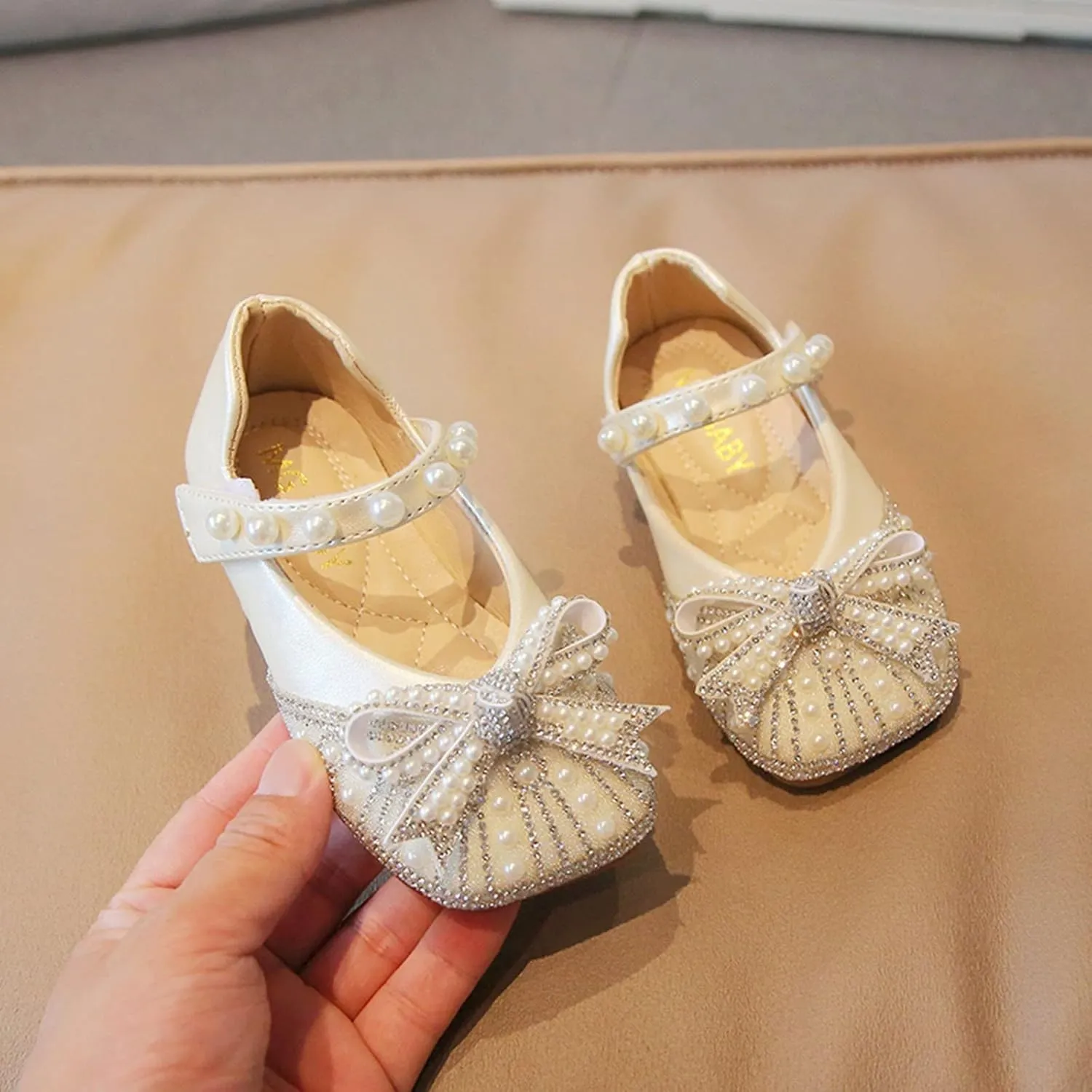 Toddler Dress Shoes,Fashion Girls Casual Shoes Shiny Pearl Rhinestone Bow Dress Shoes Dance Shoes 1-11 Years