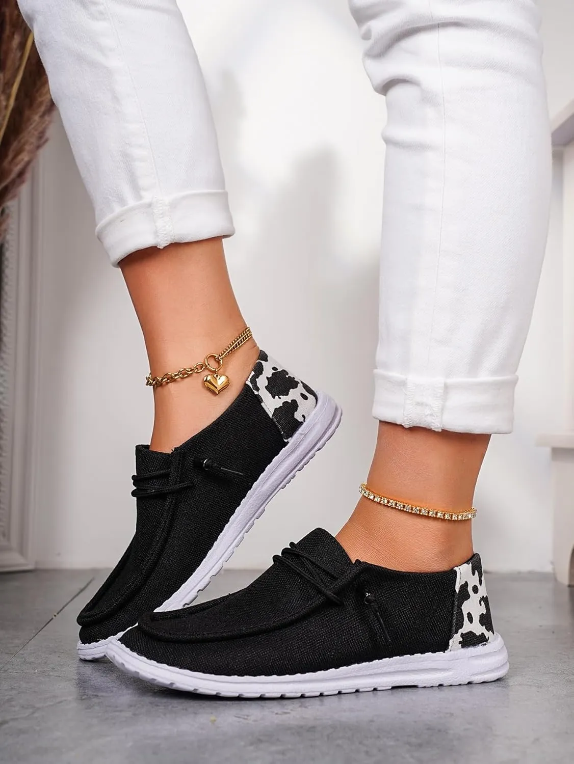 Unisex Lace-up Loafers Cow Pattern Splicing Canvas Slip-on Shoes Fashion Low Top Walking Driving Shoes,Lightweight Boat Breathable Flexible Casual for Daily Wear