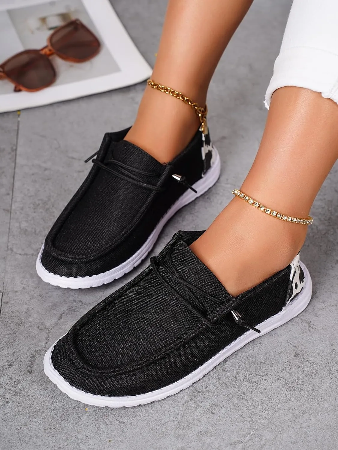 Unisex Lace-up Loafers Cow Pattern Splicing Canvas Slip-on Shoes Fashion Low Top Walking Driving Shoes,Lightweight Boat Breathable Flexible Casual for Daily Wear