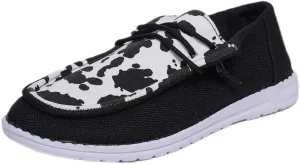 Unisex Lace-up Loafers Cow Pattern Splicing Canvas Slip-on Shoes Fashion Low Top Walking Driving Shoes,Lightweight Boat Breathable Flexible Casual for Daily Wear
