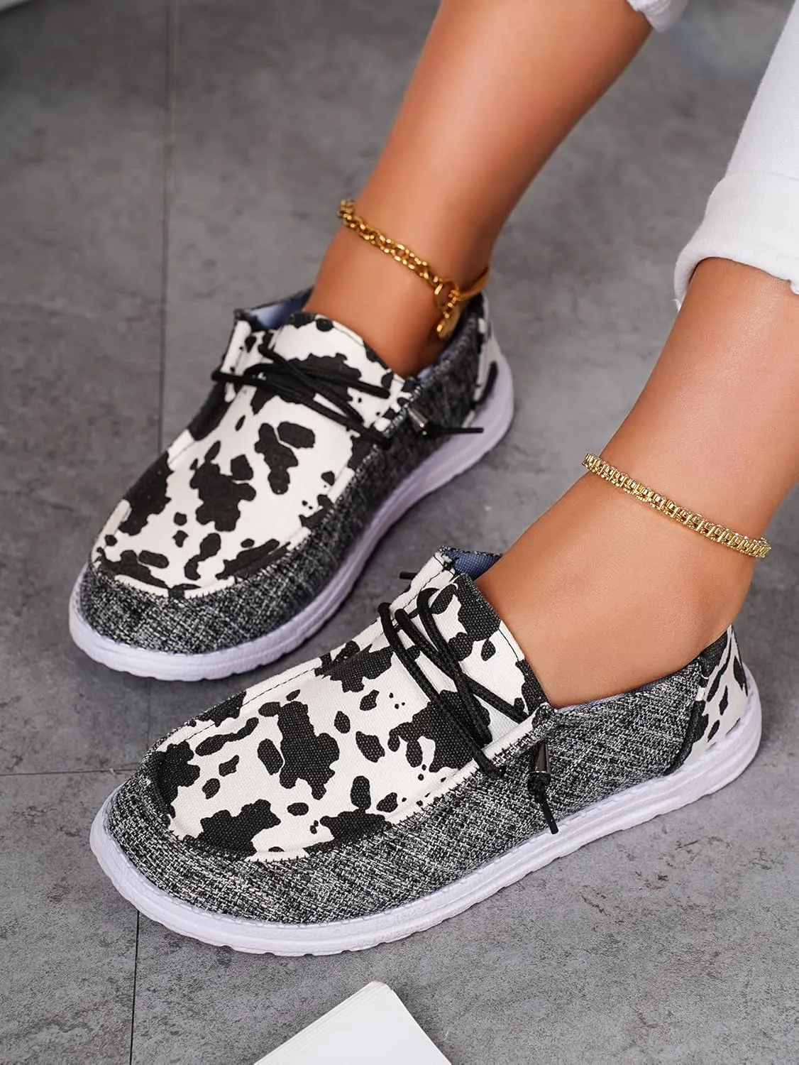 Unisex Lace-up Loafers Cow Pattern Splicing Canvas Slip-on Shoes Fashion Low Top Walking Driving Shoes,Lightweight Boat Breathable Flexible Casual for Daily Wear