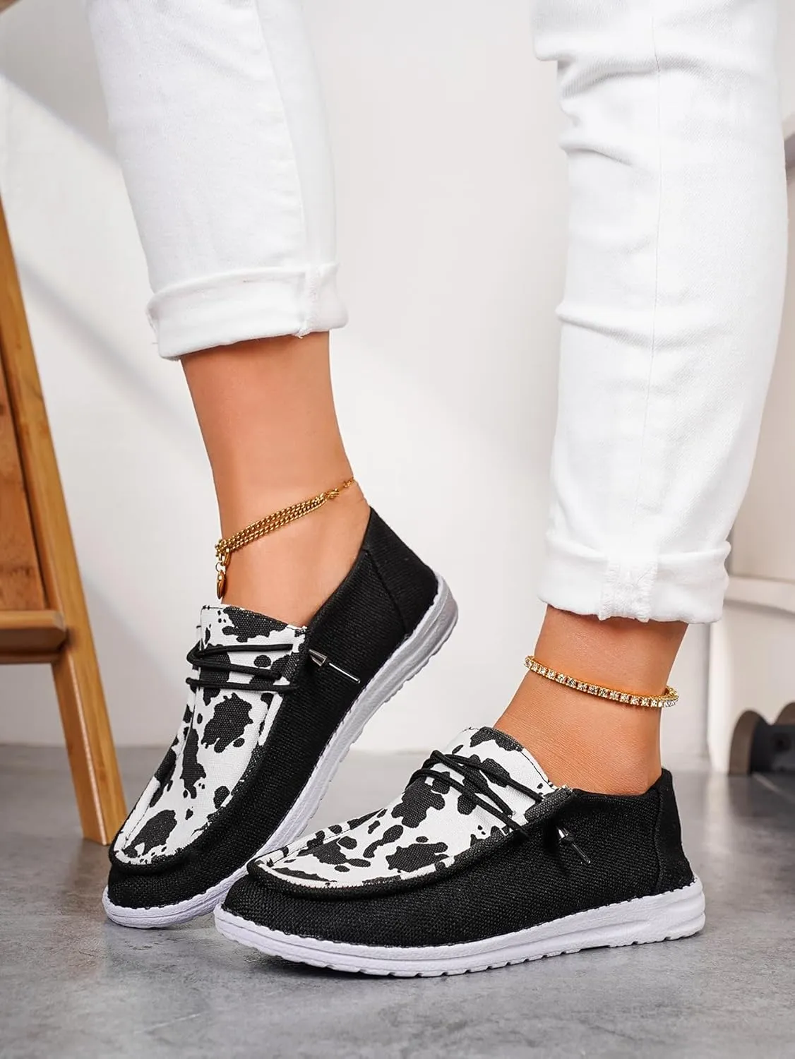 Unisex Lace-up Loafers Cow Pattern Splicing Canvas Slip-on Shoes Fashion Low Top Walking Driving Shoes,Lightweight Boat Breathable Flexible Casual for Daily Wear