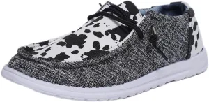 Unisex Lace-up Loafers Cow Pattern Splicing Canvas Slip-on Shoes Fashion Low Top Walking Driving Shoes,Lightweight Boat Breathable Flexible Casual for Daily Wear