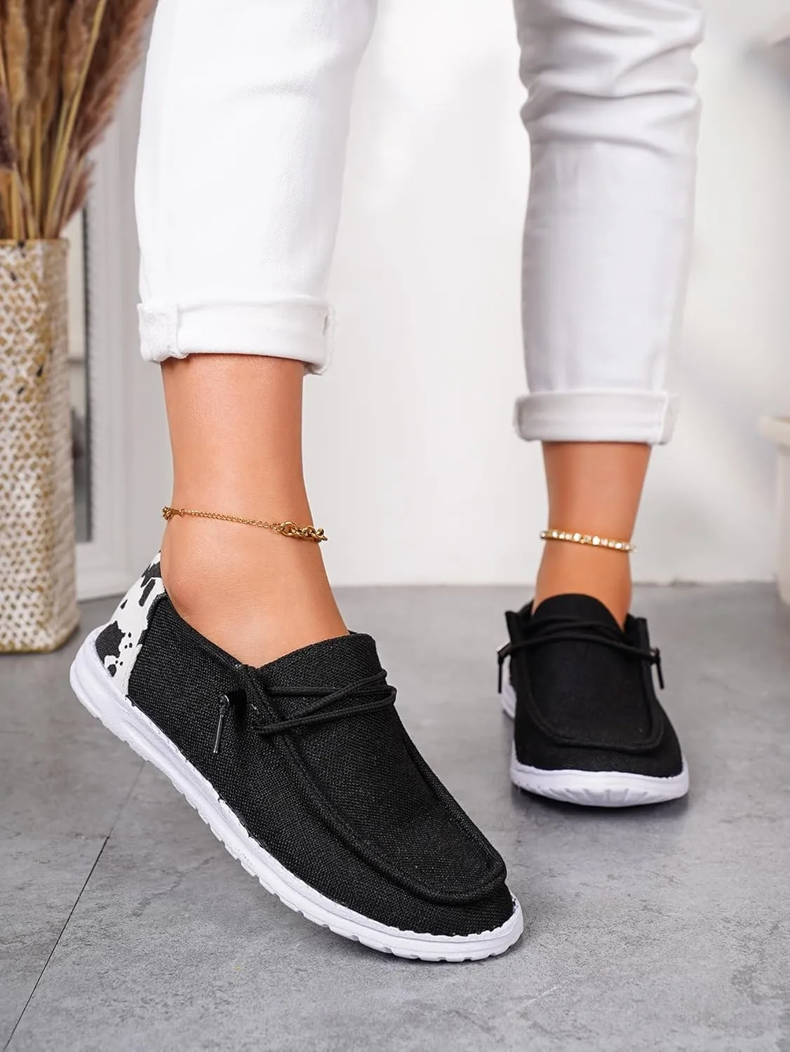 Unisex Lace-up Loafers Cow Pattern Splicing Canvas Slip-on Shoes Fashion Low Top Walking Driving Shoes,Lightweight Boat Breathable Flexible Casual for Daily Wear