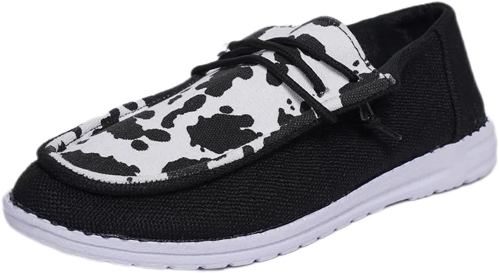 Unisex Lace-up Loafers Cow Pattern Splicing Canvas Slip-on Shoes Fashion Low Top Walking Driving Shoes,Lightweight Boat Breathable Flexible Casual for Daily Wear