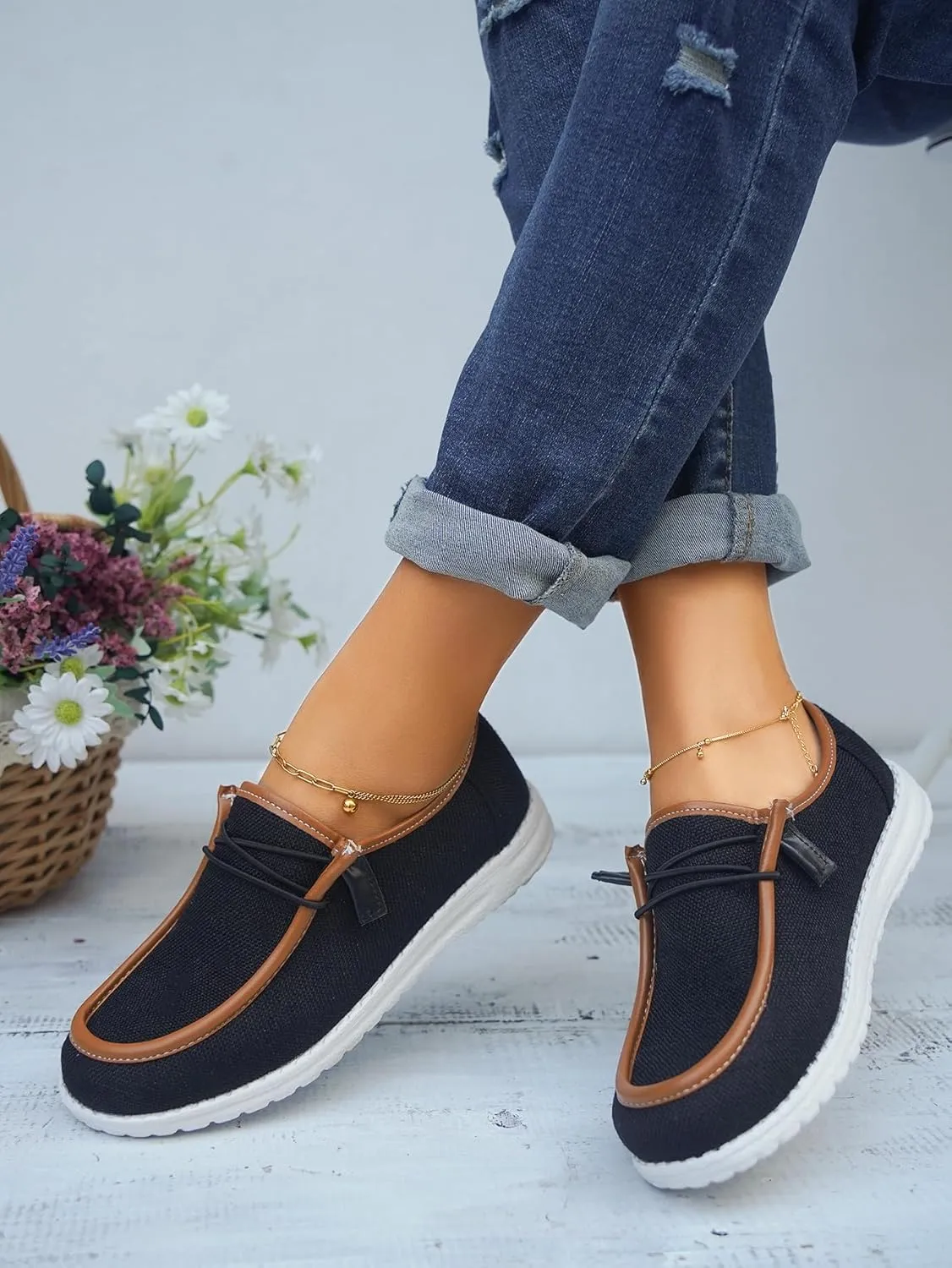 Unisex Lace-up Loafers Leather Trim Flats Low Top Walking Driving Shoes,Ultralight Boat Breathable Flexible Casual for Daily Wear