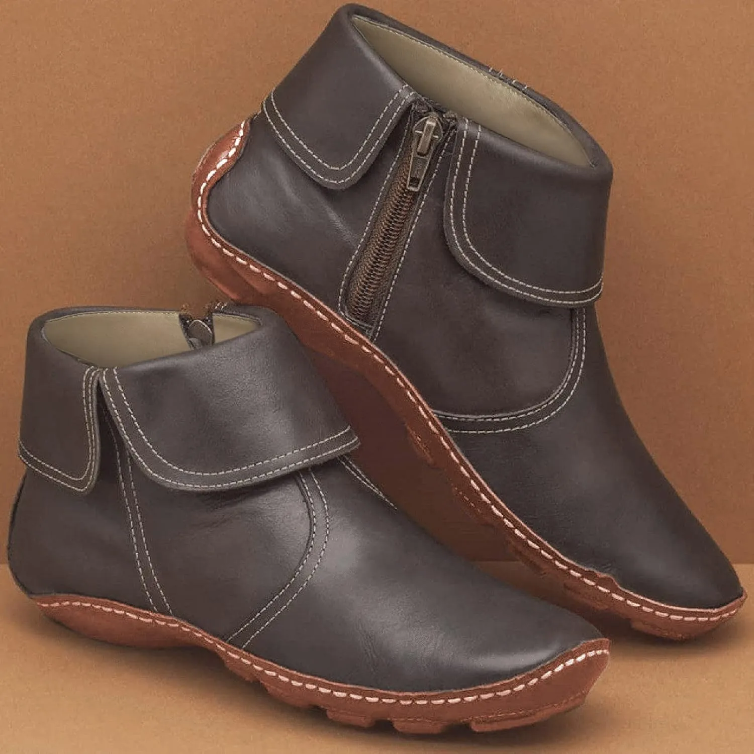 Vintage Women's Ankle Boots - Comfortable Leather Flat Boots With Round Toe and Side Zipper