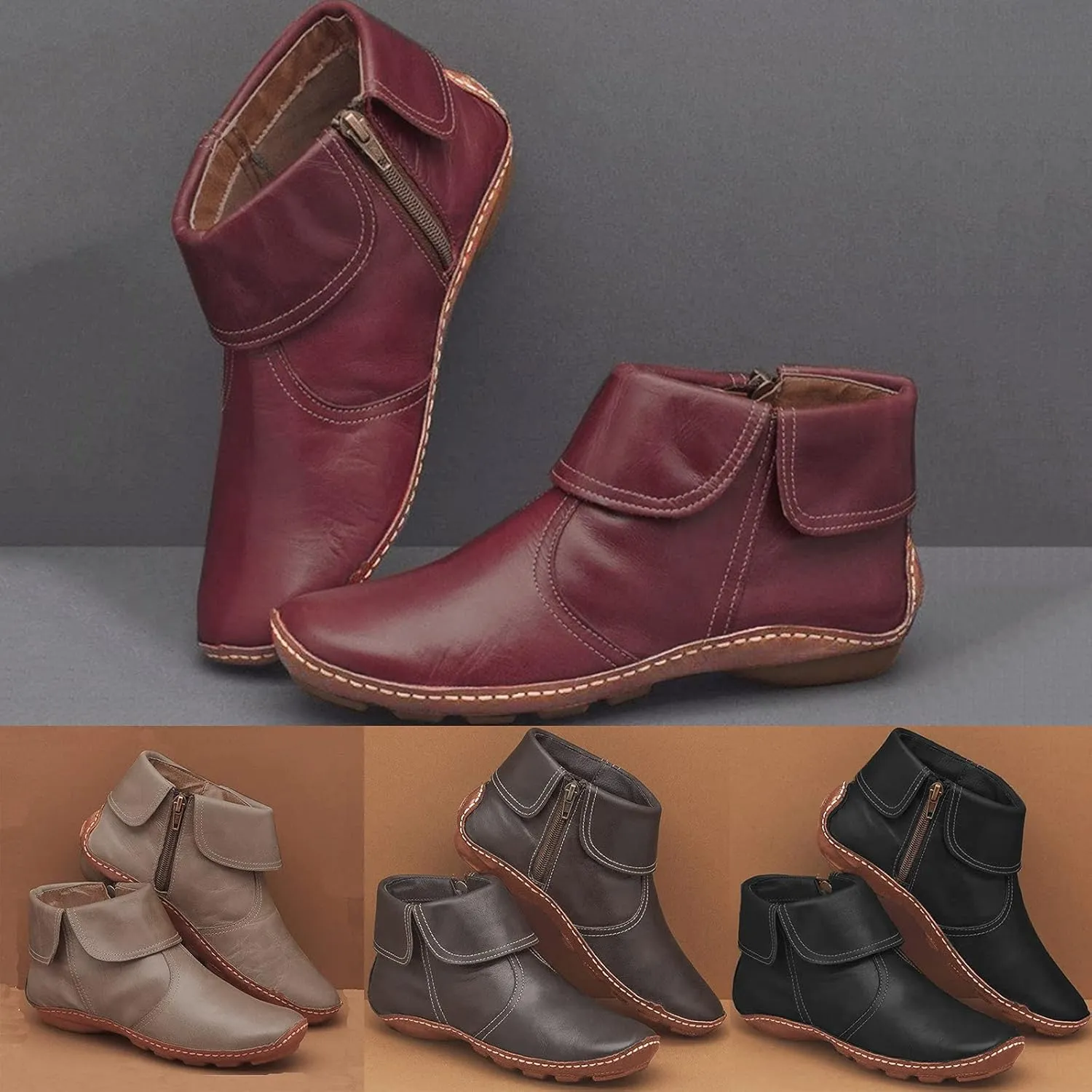 Vintage Women's Ankle Boots - Comfortable Leather Flat Boots With Round Toe and Side Zipper