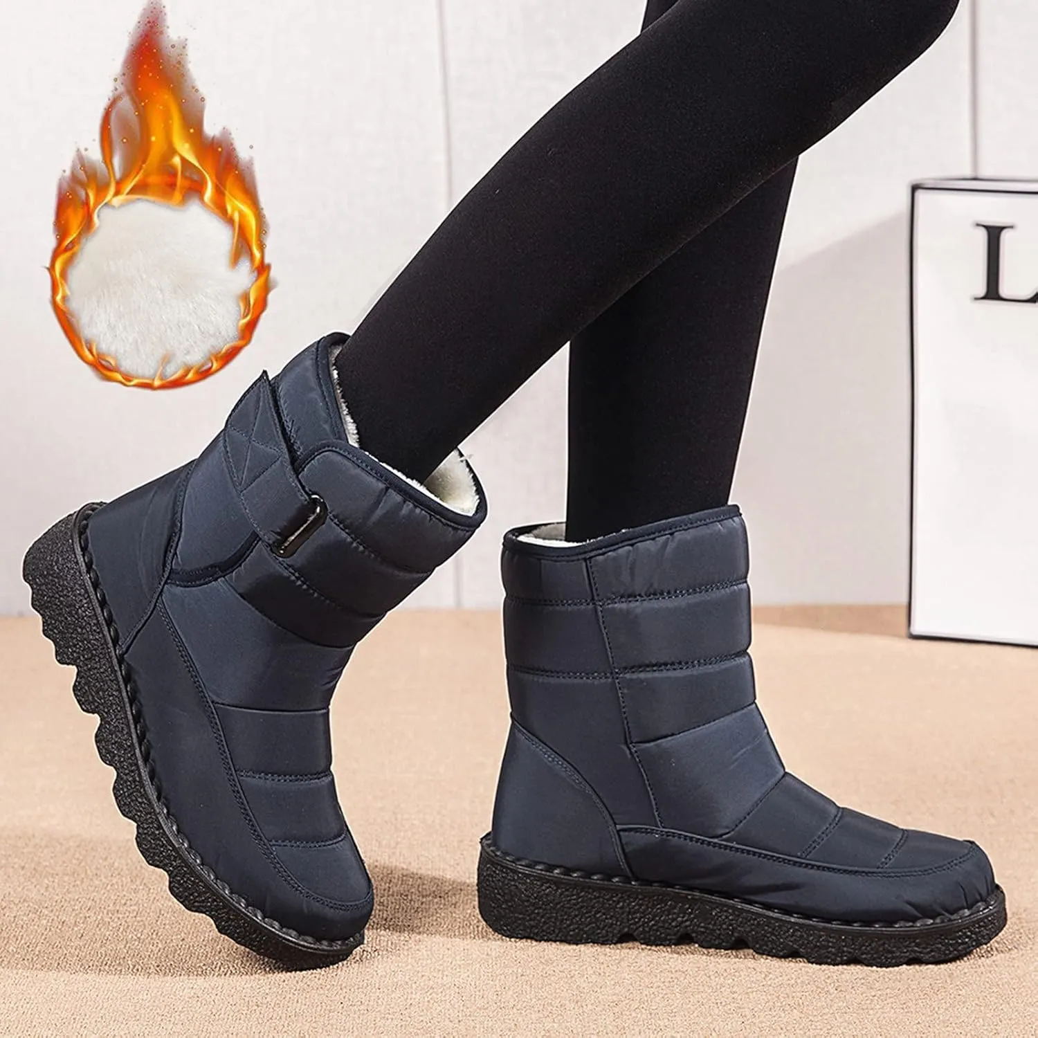 Winter Snow Boots for Women Water-proof Thermal Fleece Lined Anti Slip Mid Calf Boots for Ladies Platform Wedge Booties Warm Fuzzy Ankle Booties Outdoor Work Short Boots with Buckle