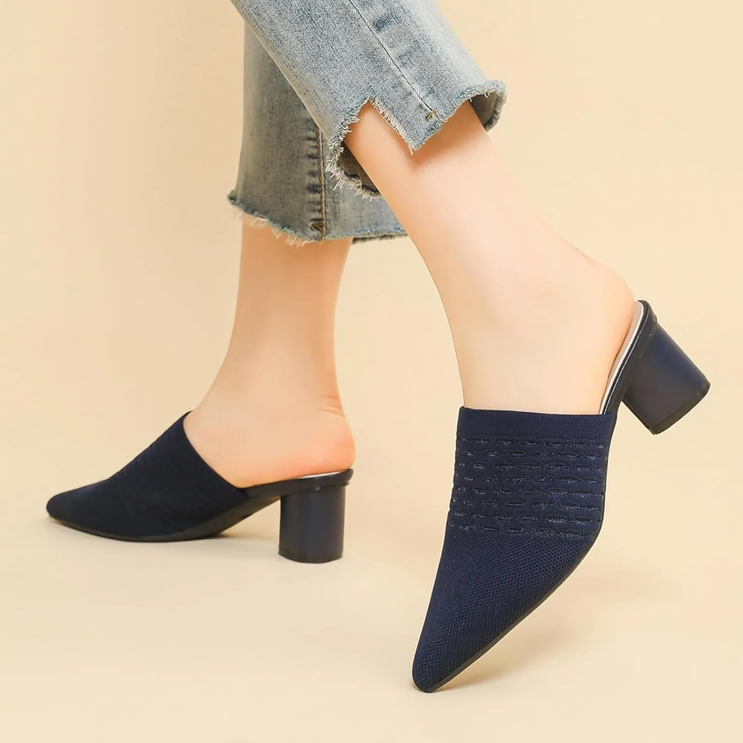 Women Knit Closed Pointed Toe Chunky Heel Mules Mesh Breathable Low Block Heel Pump Sandals Comfortable Slip On Dress Party Slides