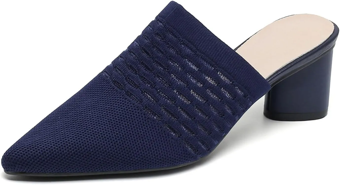Women Knit Closed Pointed Toe Chunky Heel Mules Mesh Breathable Low Block Heel Pump Sandals Comfortable Slip On Dress Party Slides