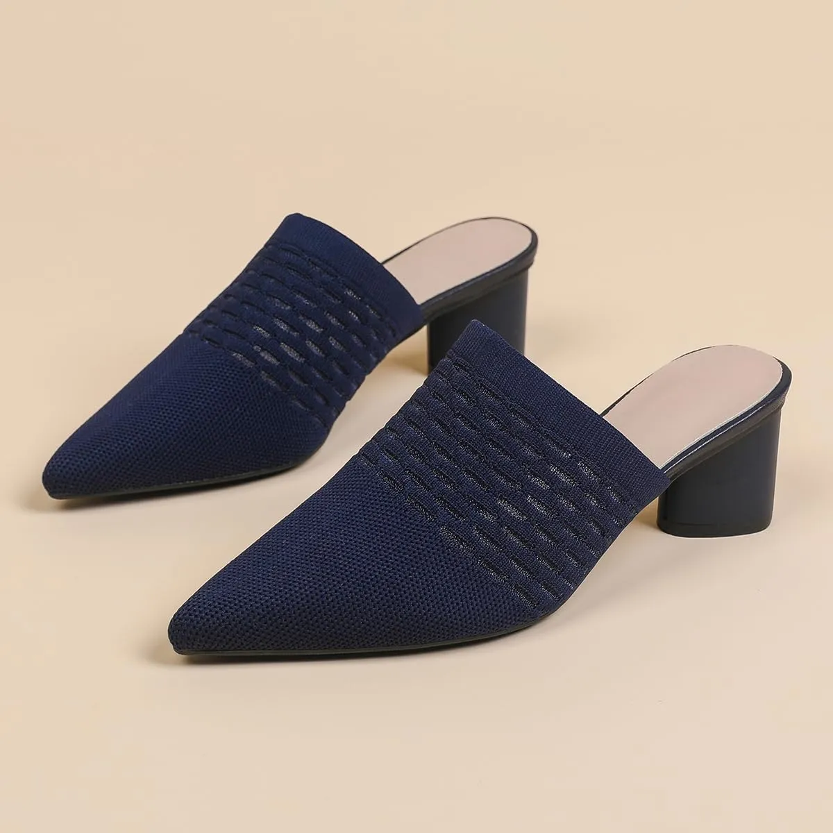 Women Knit Closed Pointed Toe Chunky Heel Mules Mesh Breathable Low Block Heel Pump Sandals Comfortable Slip On Dress Party Slides