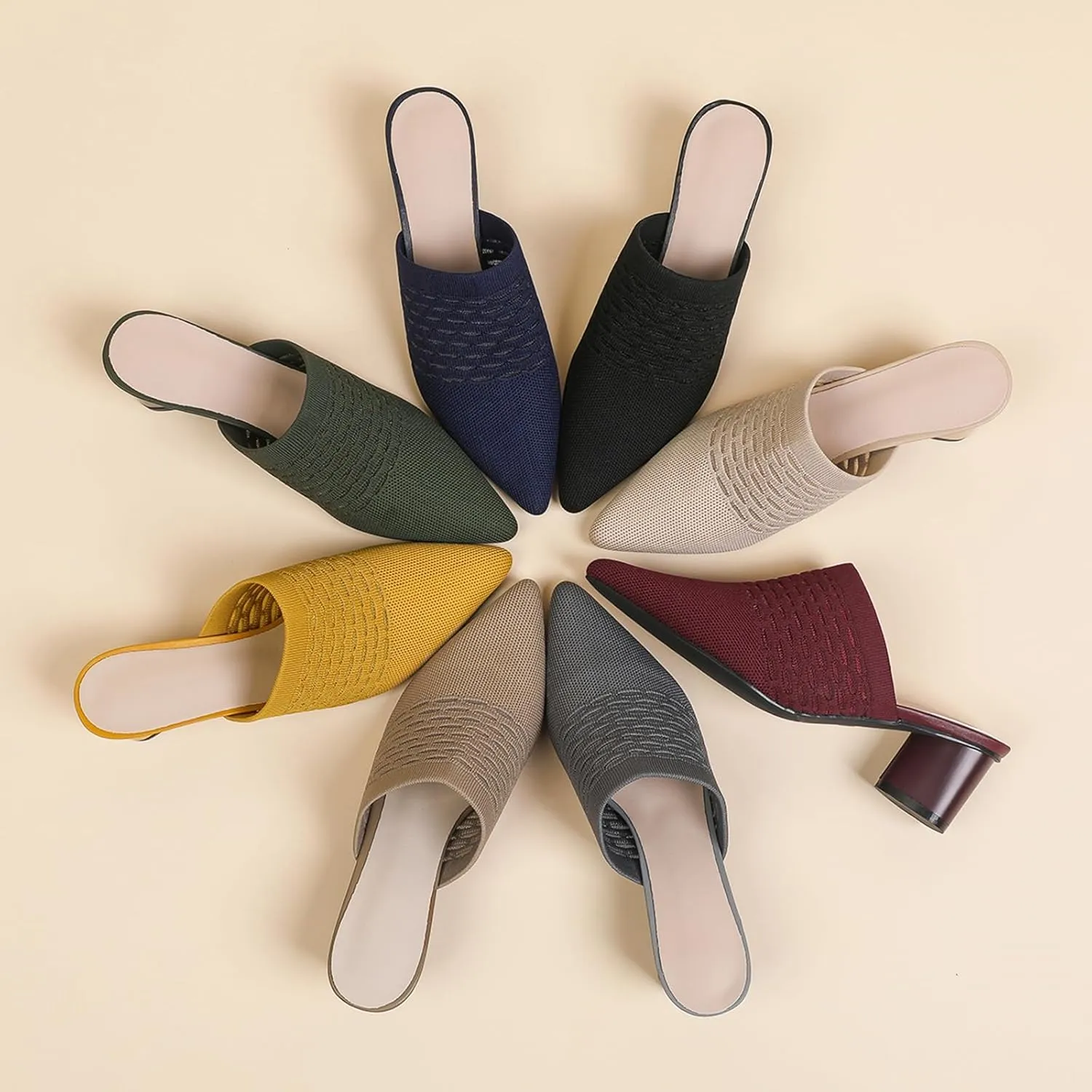 Women Knit Closed Pointed Toe Chunky Heel Mules Mesh Breathable Low Block Heel Pump Sandals Comfortable Slip On Dress Party Slides