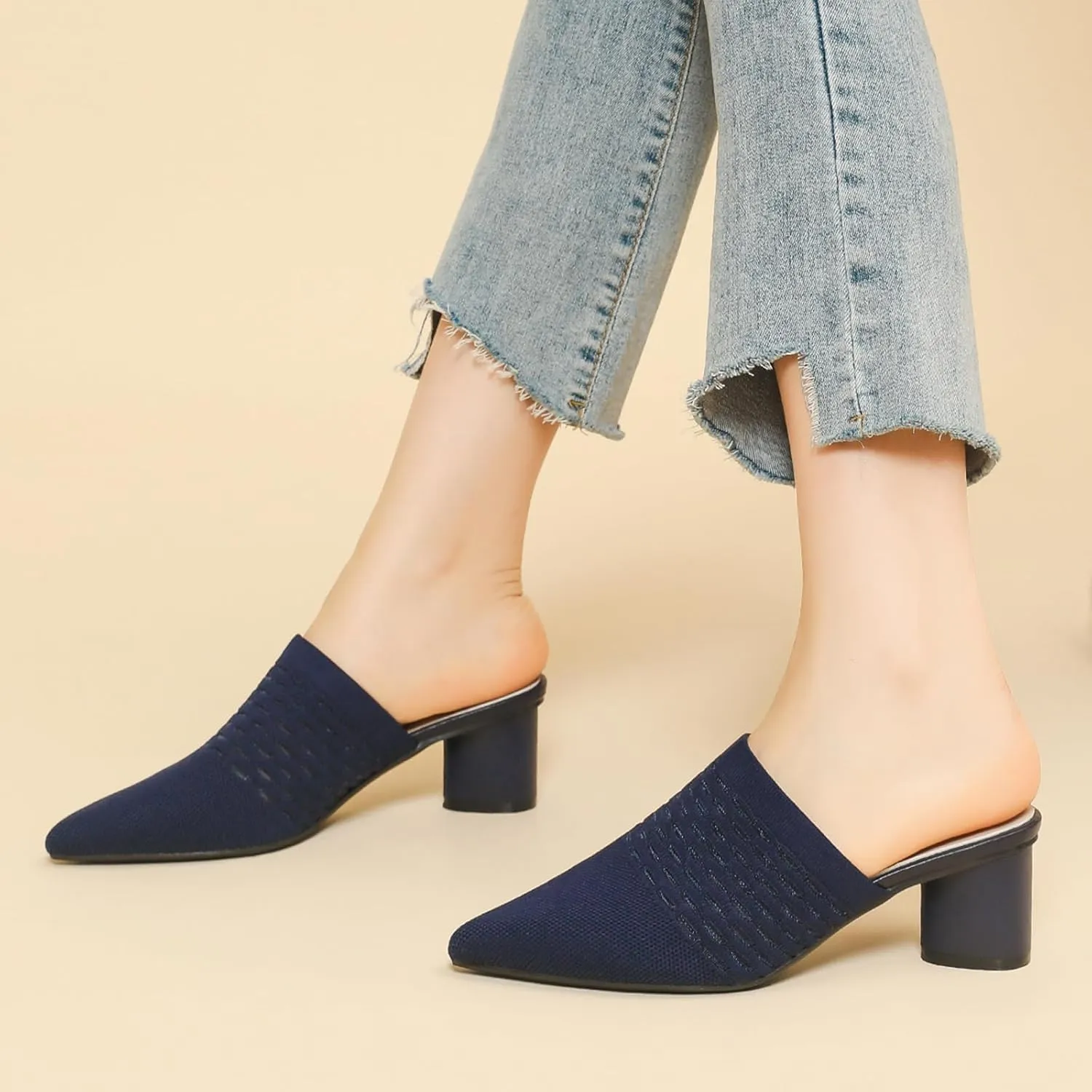 Women Knit Closed Pointed Toe Chunky Heel Mules Mesh Breathable Low Block Heel Pump Sandals Comfortable Slip On Dress Party Slides