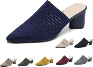 Women Knit Closed Pointed Toe Chunky Heel Mules Mesh Breathable Low Block Heel Pump Sandals Comfortable Slip On Dress Party Slides