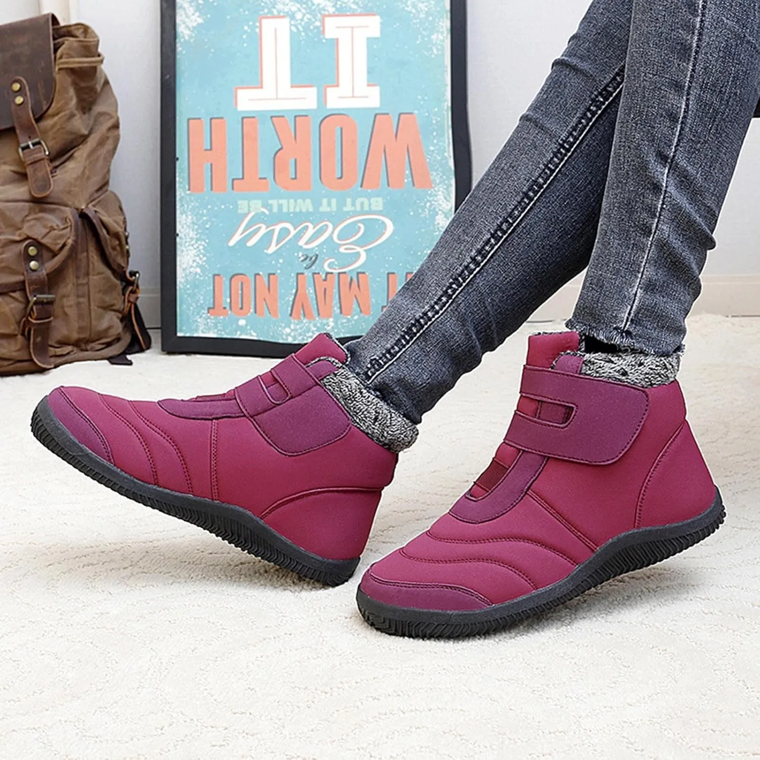 Women Snow Boots Winter Shoes for Women Ladies Fleece Lined Warm Slip On Boots for Women Water-proof Booties Sneakers Comfortable Walking Shoes Outdoor Anti Slip Shoes with Hook Loop