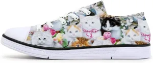 Women's Cat Printed Shoes Cute Ladies Cat Design Sneakers Low Tops White Canvas Shoes