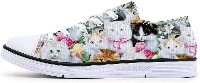 Women's Cat Printed Shoes Cute Ladies Cat Design Sneakers Low Tops White Canvas Shoes