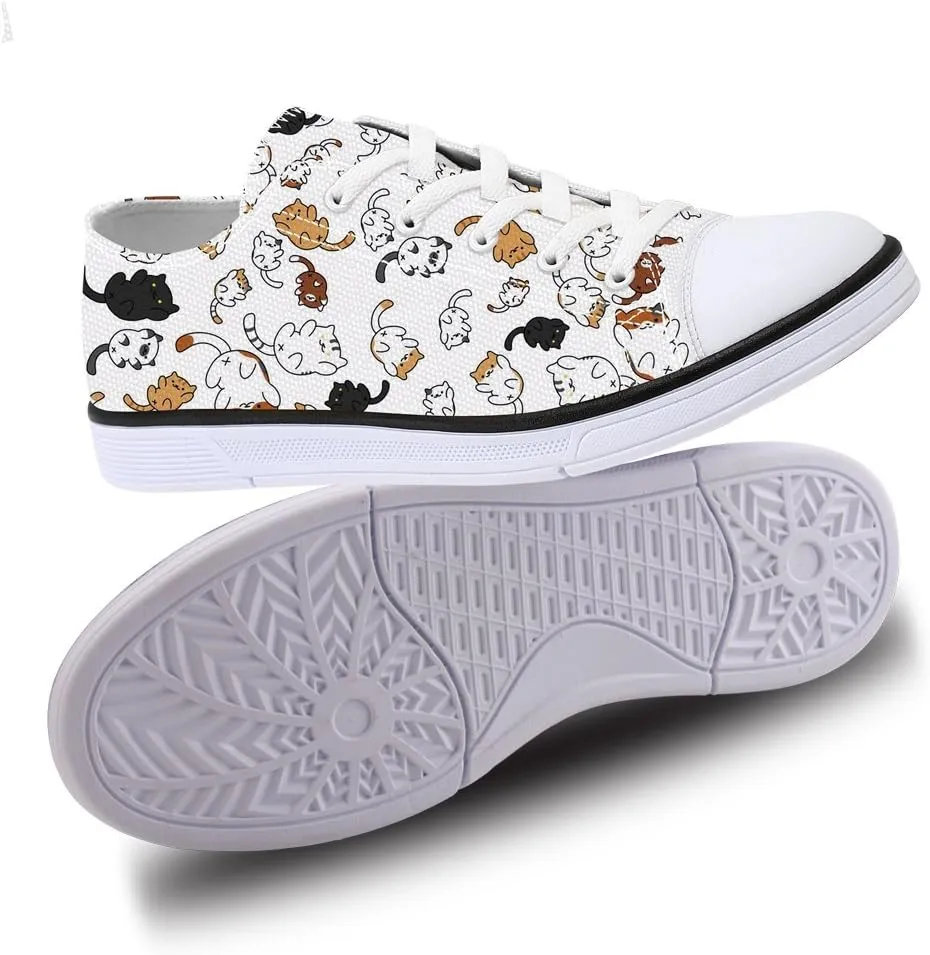 Women's Cat Printed Shoes Cute Ladies Cat Design Sneakers Low Tops White Canvas Shoes