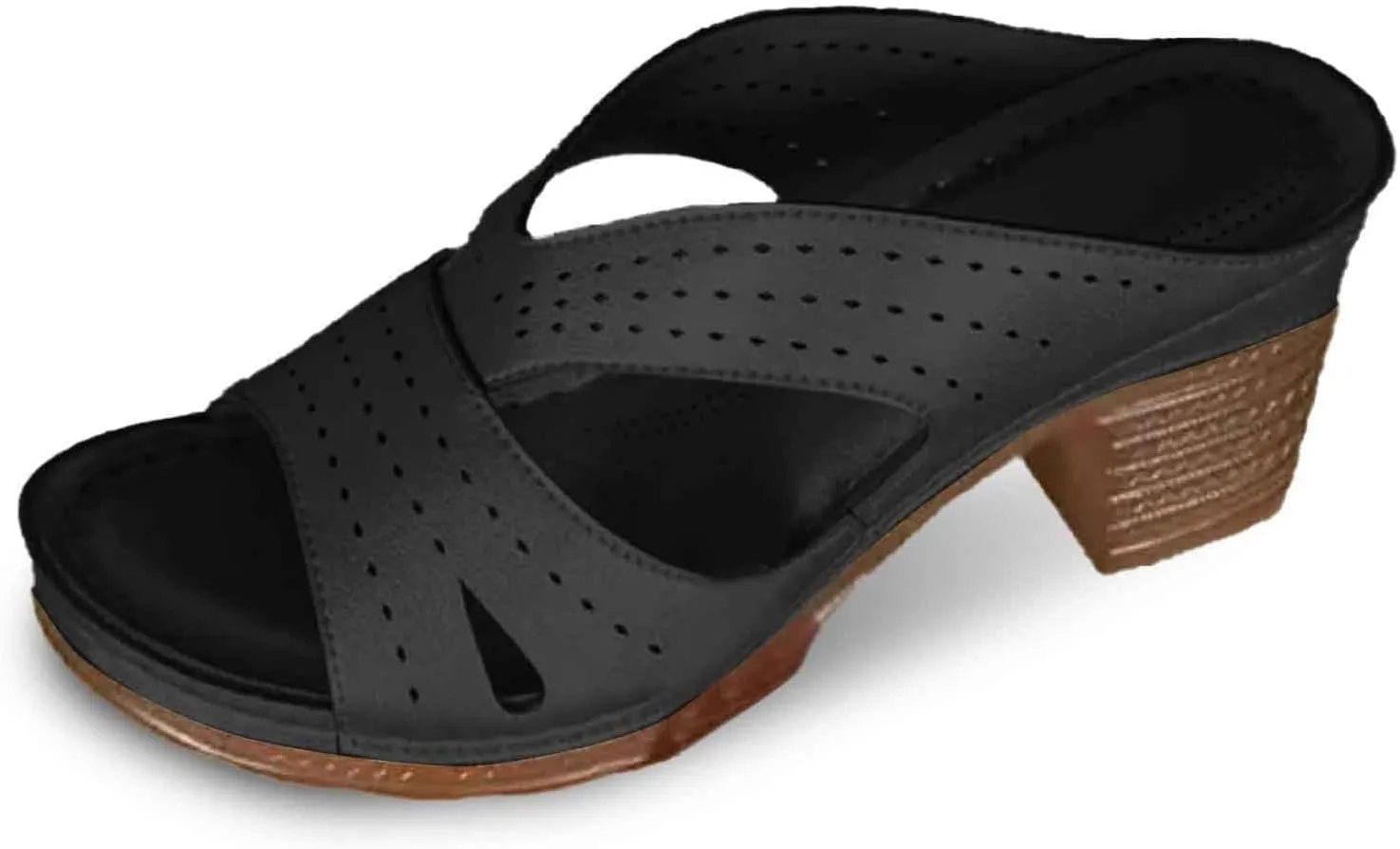 Women's Open Toe Heeled Sandals Slip On Slippers Chunky Mid Heel Summer Casual Comfortable Slide Walking Shoes Backless Mules Adjustable Ankle Strap