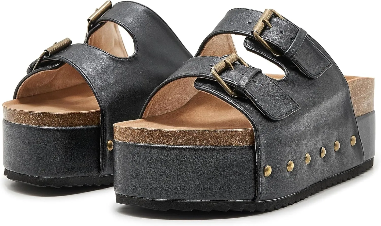 Women's Platform Cork Slides Dual Buckled Straps Clogs Slip On Flatform Sandals for Women Clogs