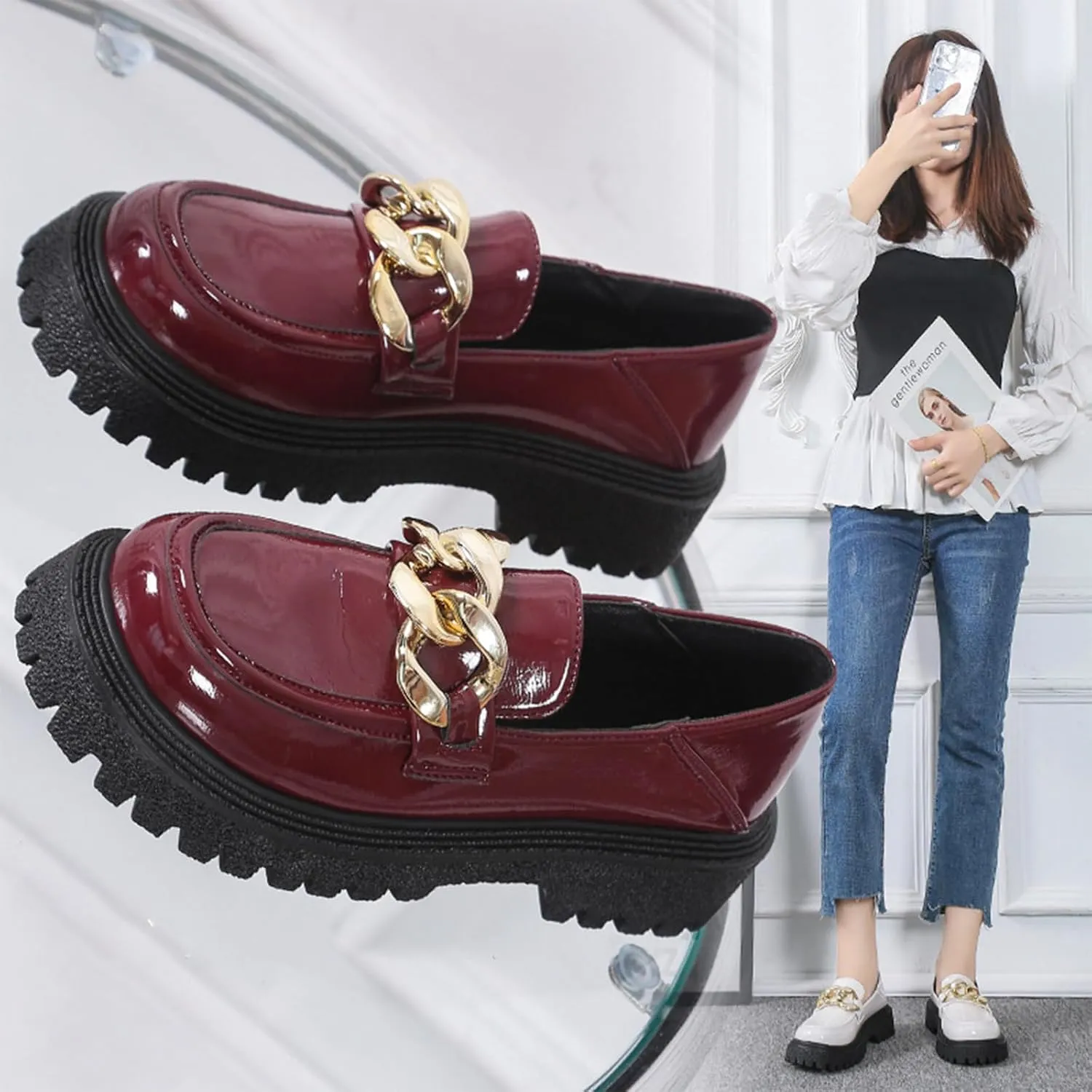 Women's Platform Patent Leather Chunky Heel Loafers Lug Sole Slip On Chain Uniform Dress Shoes Casual Business Office Work Shoes