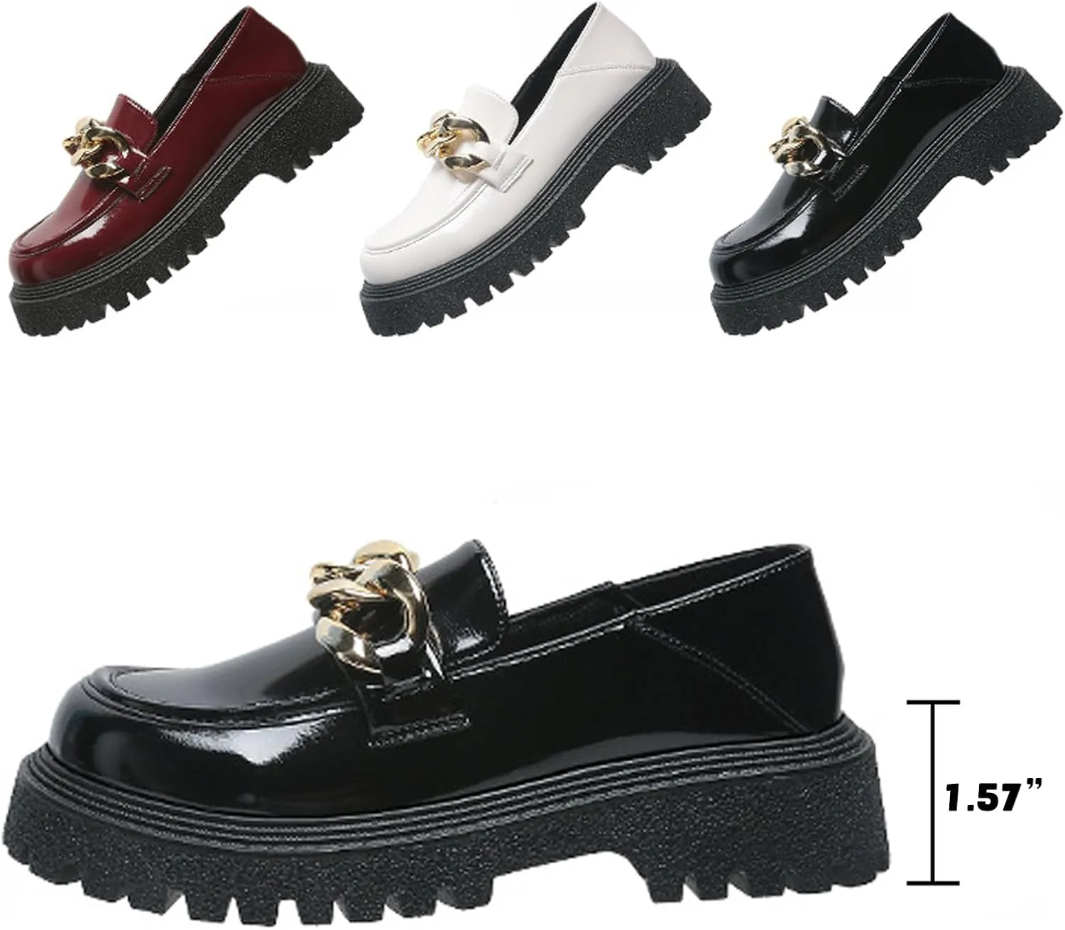Women's Platform Patent Leather Chunky Heel Loafers Lug Sole Slip On Chain Uniform Dress Shoes Casual Business Office Work Shoes