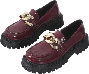 Women's Platform Patent Leather Chunky Heel Loafers Lug Sole Slip On Chain Uniform Dress Shoes Casual Business Office Work Shoes