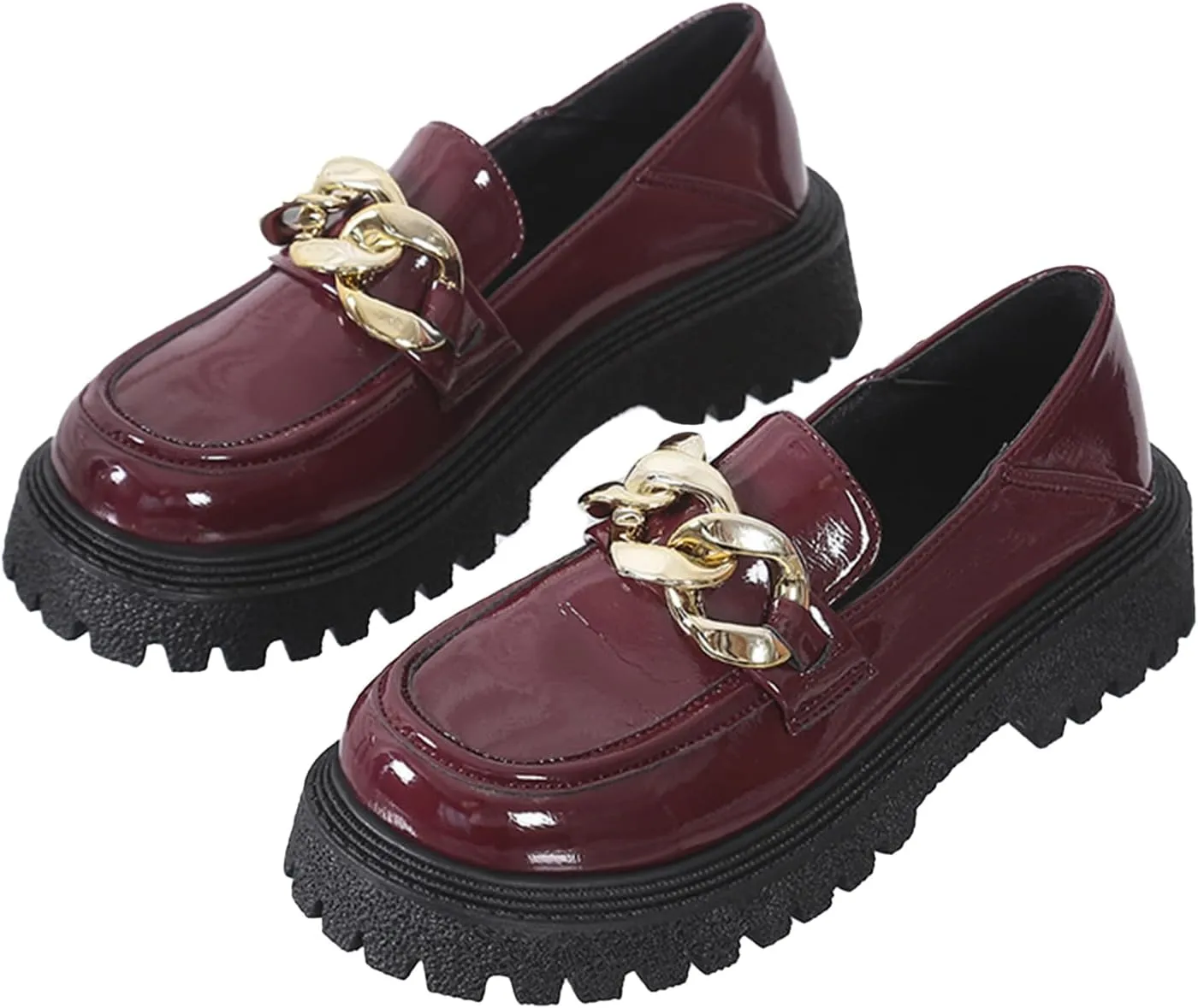 Women's Platform Patent Leather Chunky Heel Loafers Lug Sole Slip On Chain Uniform Dress Shoes Casual Business Office Work Shoes