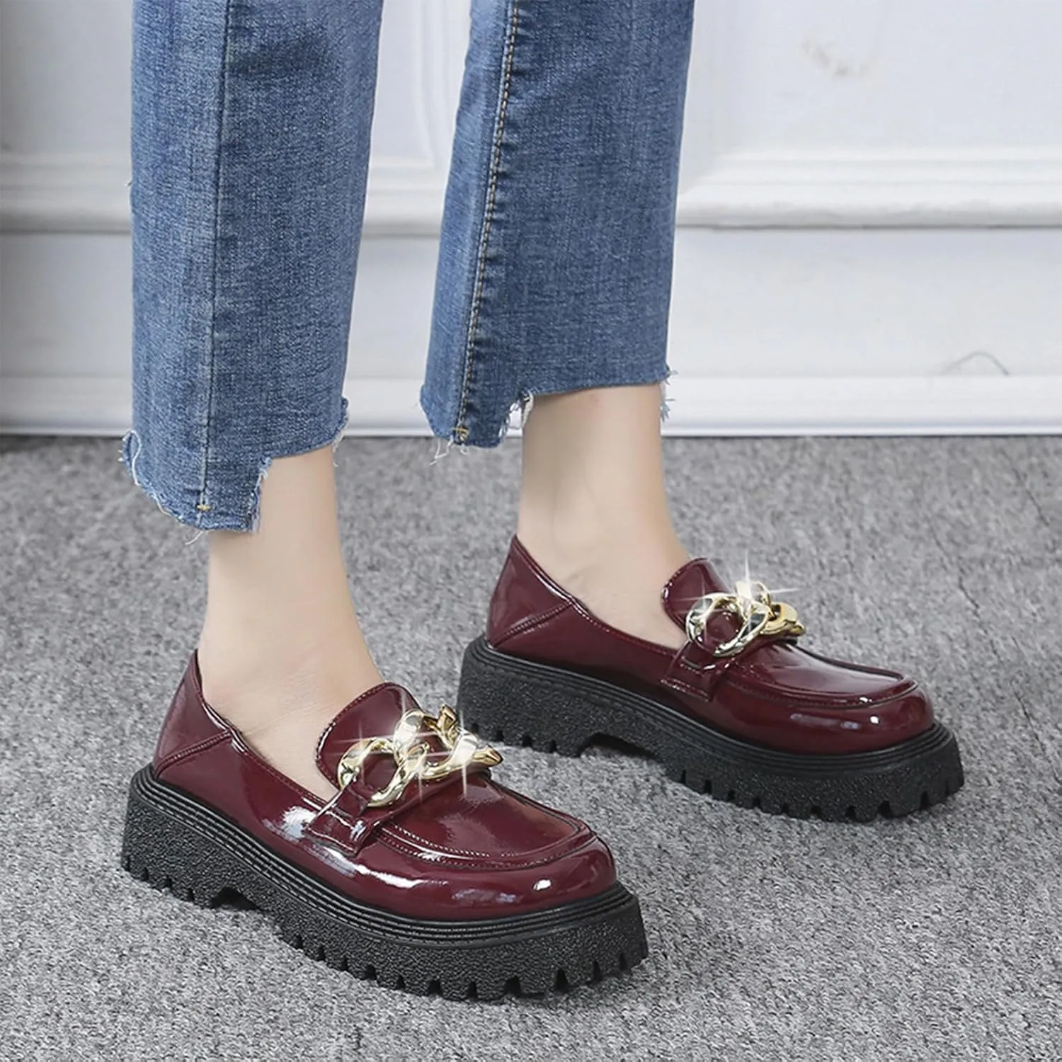 Women's Platform Patent Leather Chunky Heel Loafers Lug Sole Slip On Chain Uniform Dress Shoes Casual Business Office Work Shoes