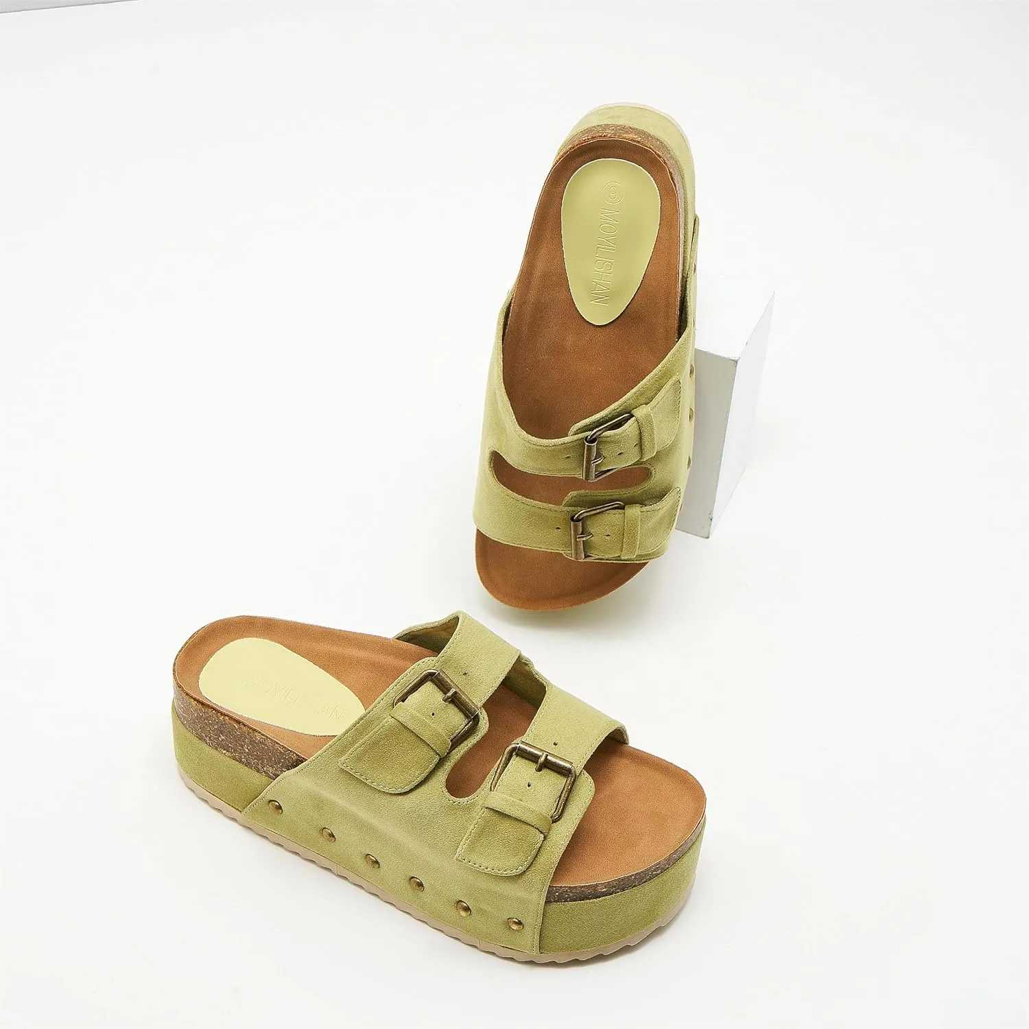 Women's Platform Slide Sandals Comfortable Cork Footbed Studded Clogs Adjustable Buckle Straps Open Toe Flatform Sandal Summer Slipper