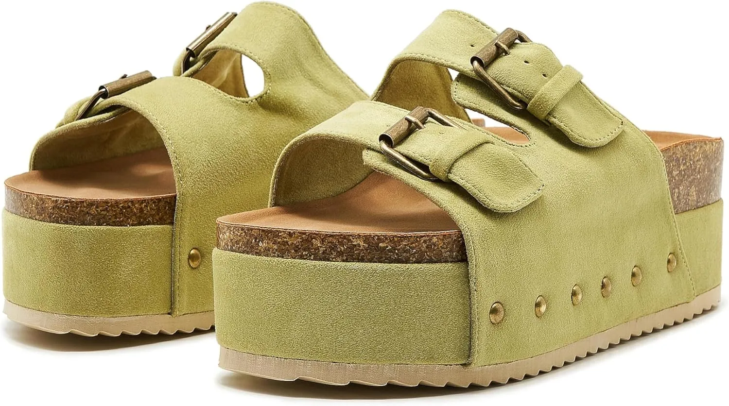 Women's Platform Slide Sandals Comfortable Cork Footbed Studded Clogs Adjustable Buckle Straps Open Toe Flatform Sandal Summer Slipper