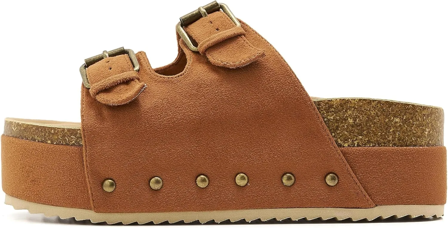 Women's Platform Slide Sandals Comfortable Cork Footbed Studded Clogs Adjustable Buckle Straps Open Toe Flatform Sandal Summer Slipper