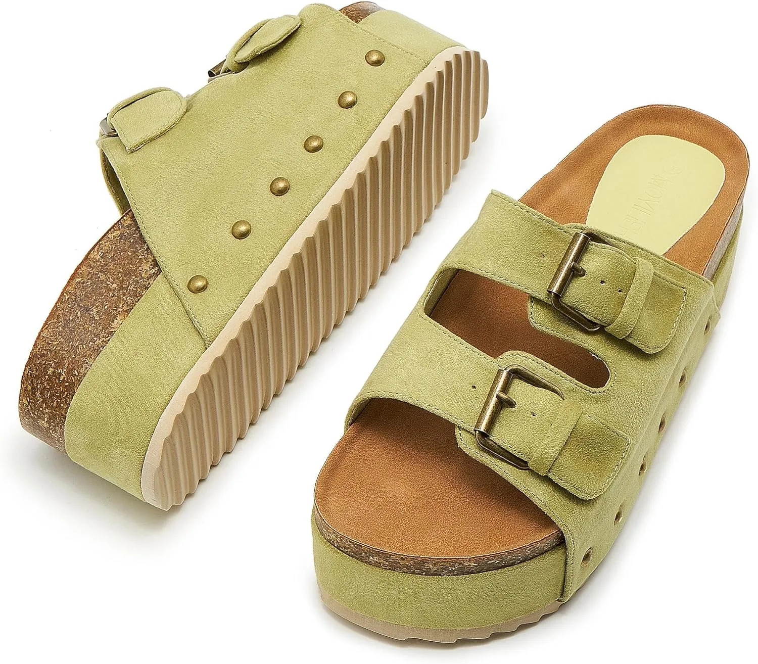 Women's Platform Slide Sandals Comfortable Cork Footbed Studded Clogs Adjustable Buckle Straps Open Toe Flatform Sandal Summer Slipper