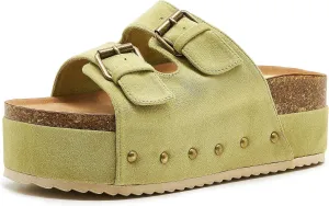 Women's Platform Slide Sandals Comfortable Cork Footbed Studded Clogs Adjustable Buckle Straps Open Toe Flatform Sandal Summer Slipper