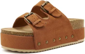 Women's Platform Slide Sandals Comfortable Cork Footbed Studded Clogs Adjustable Buckle Straps Open Toe Flatform Sandal Summer Slipper