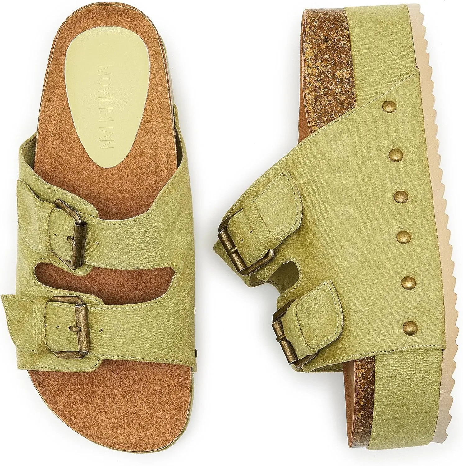 Women's Platform Slide Sandals Comfortable Cork Footbed Studded Clogs Adjustable Buckle Straps Open Toe Flatform Sandal Summer Slipper